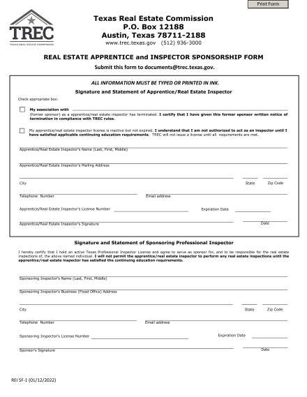 Real Estate Apprentice and Inspector Sponsorship Form